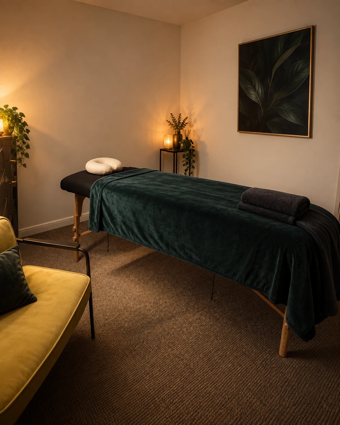 The studio room: a low massage table dressed in deep green linen, warm lamplight, and plants against pale walls.