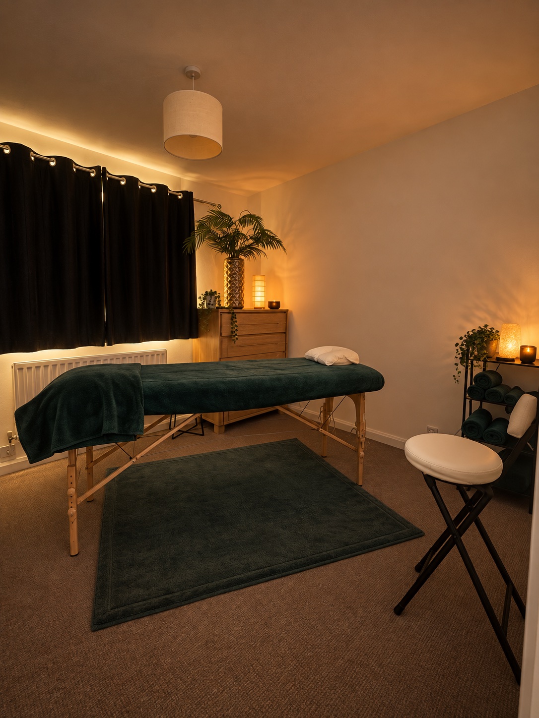 The studio room as you walk in: a low table dressed in deep green, dark curtains and warm lamplight.